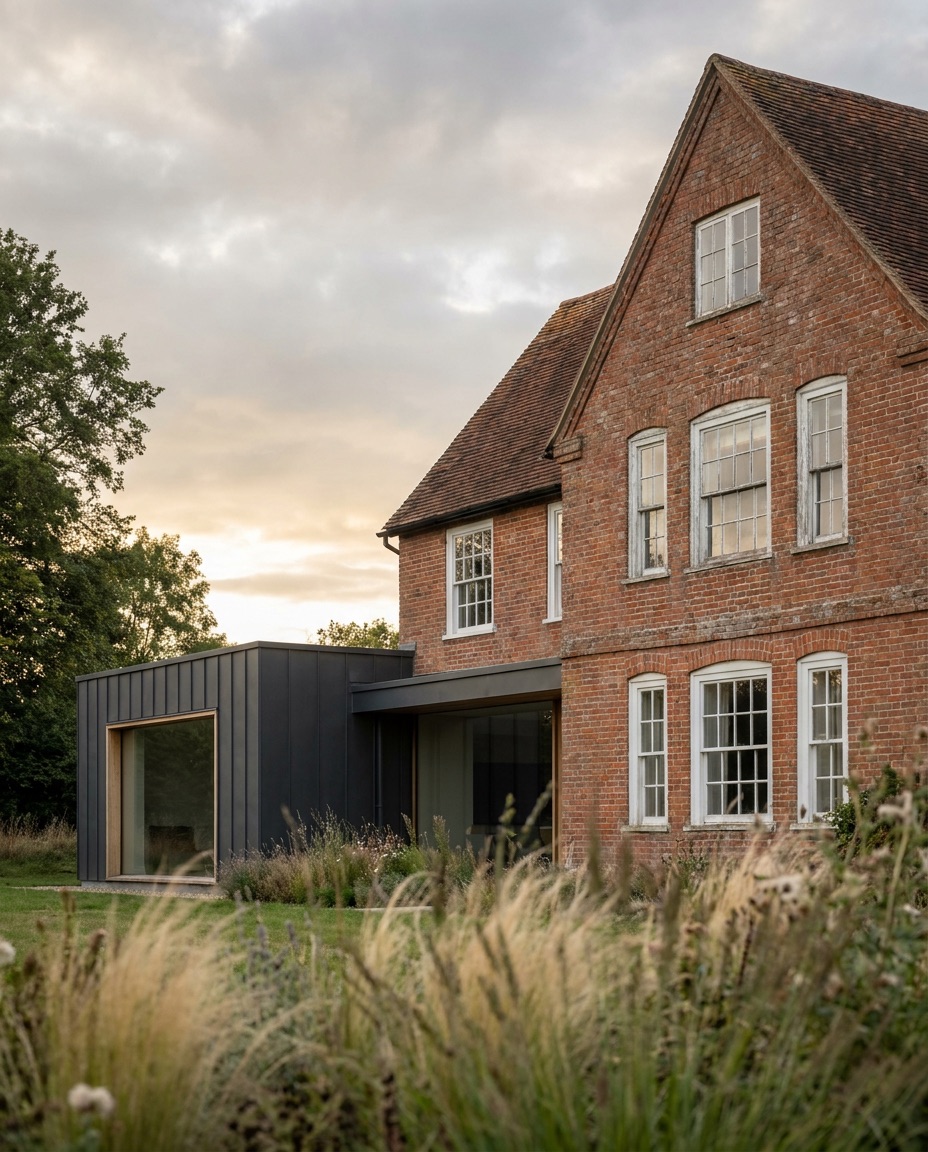English country house with contemporary zinc extension at dusk