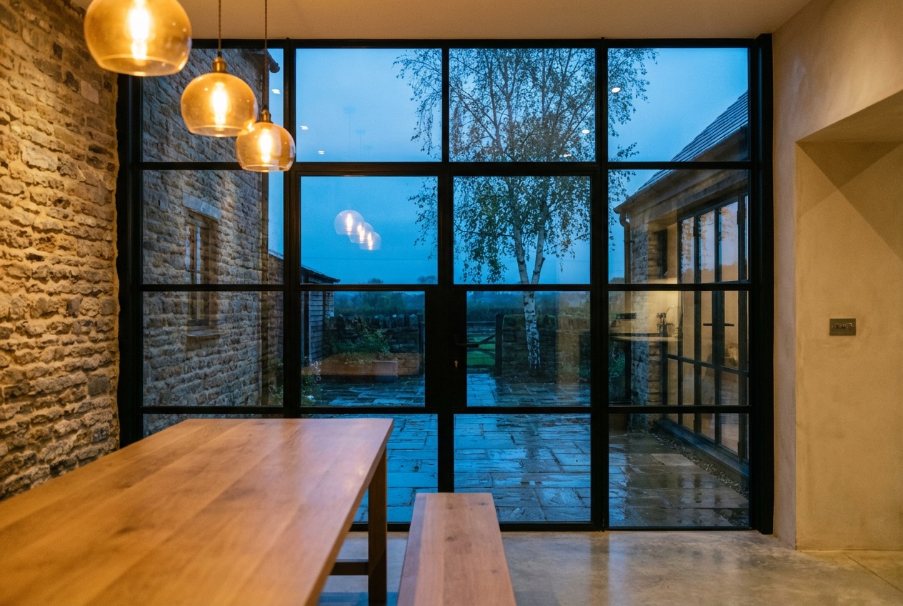 Dining interior with crittall glazing and pendant lights at dusk