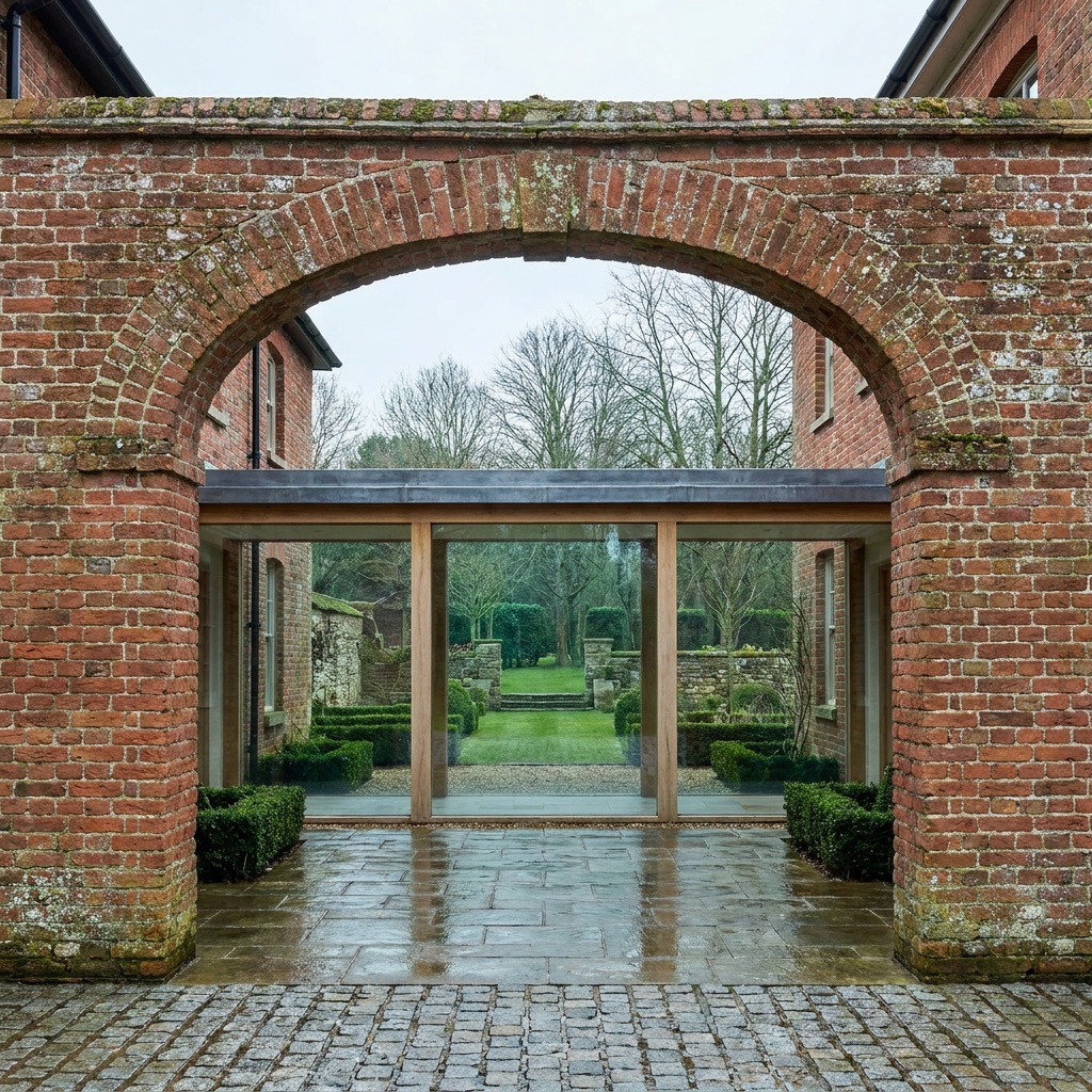 Brick courtyard arch framing a glazed garden link